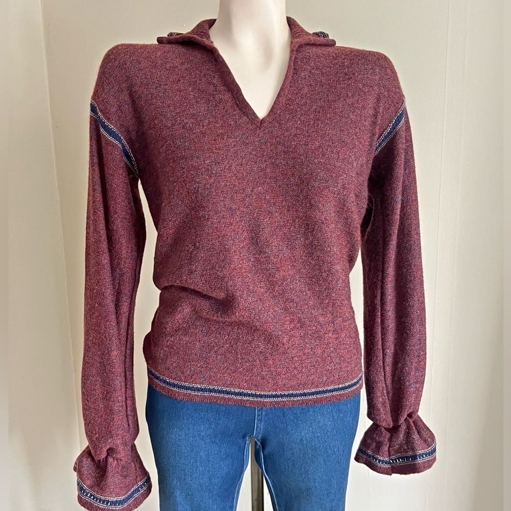 Vintage 70s Miss Pernilla Burgundy Knit Puff Sleeve Ruffle Cuff Sweater - Picture 11 of 11